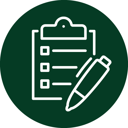This is an icon depicting a clipboard with a list and a pencil, generally representing tasks, checklists, or administrative work. It's in a flat, monochrome style within a circle.