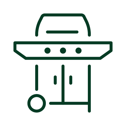 The image shows a stylized line drawing of a barbecue grill with a closed lid, control knobs, storage space beneath, and wheels on one side.