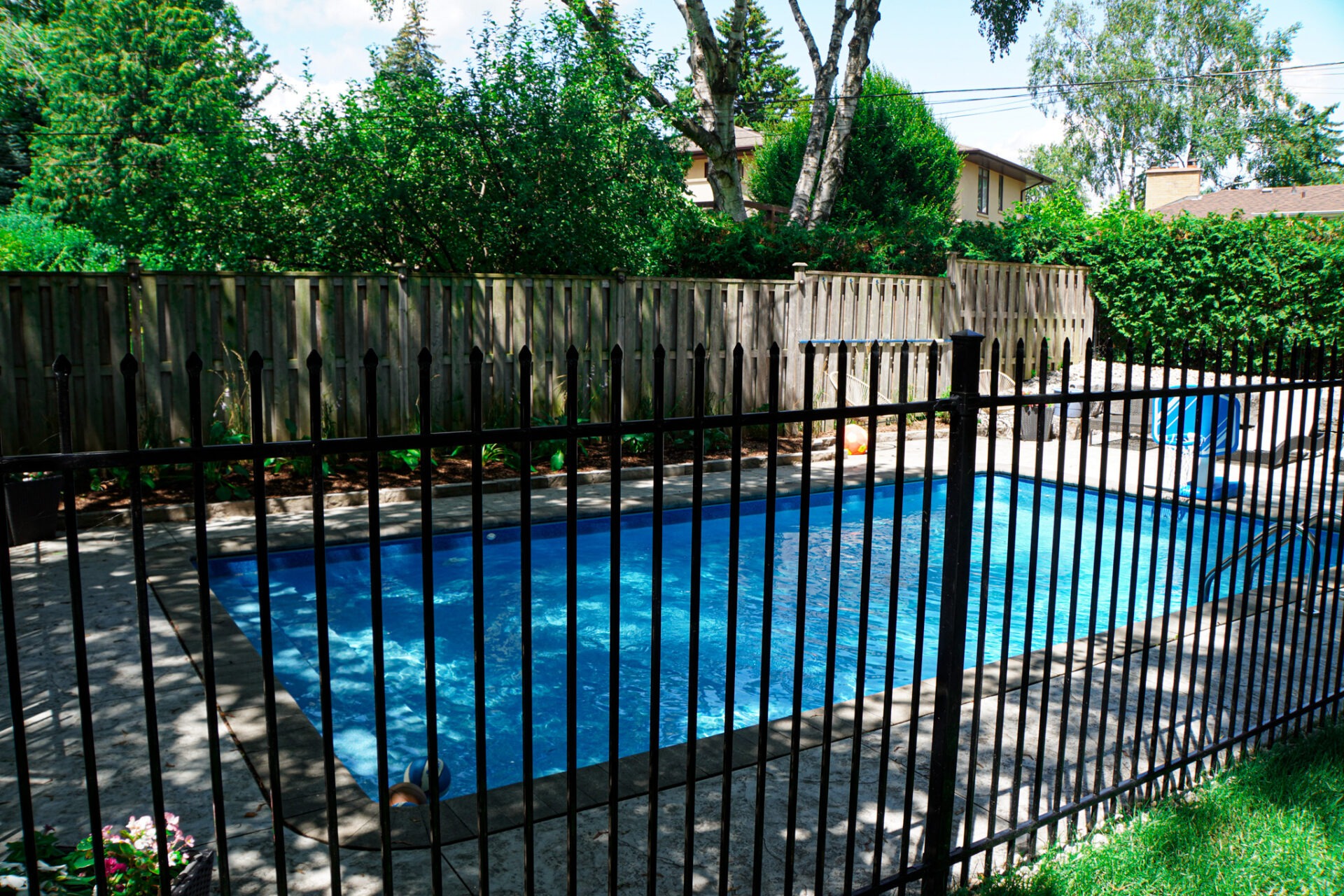 A serene backyard with a vibrant blue swimming pool enclosed by a black metal fence, adjacent to a weathered wooden fence amidst lush greenery.