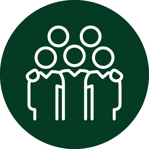 This is a simple, graphic icon featuring three stylized figures with circular heads and straight bodies, representing people standing close together, set against a green background.