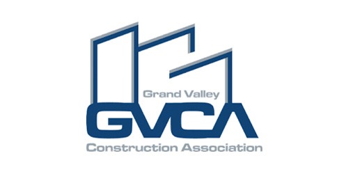 This is a logo featuring the acronym "GVCA" above the full name "Grand Valley Construction Association," styled with bold, blue lines forming an abstract building outline.
