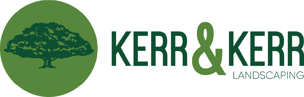 The image shows a landscaping company logo featuring a stylized tree inside a green circle, with the company name "KERR & KERR LANDSCAPING" alongside in green.
