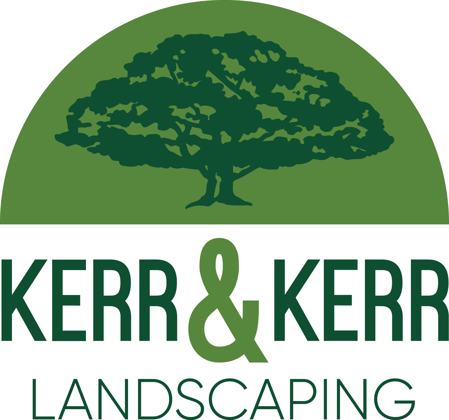 The image is a logo featuring a stylized tree within a semicircular shape above the text "KERR & KERR LANDSCAPING" in green on a transparent background.