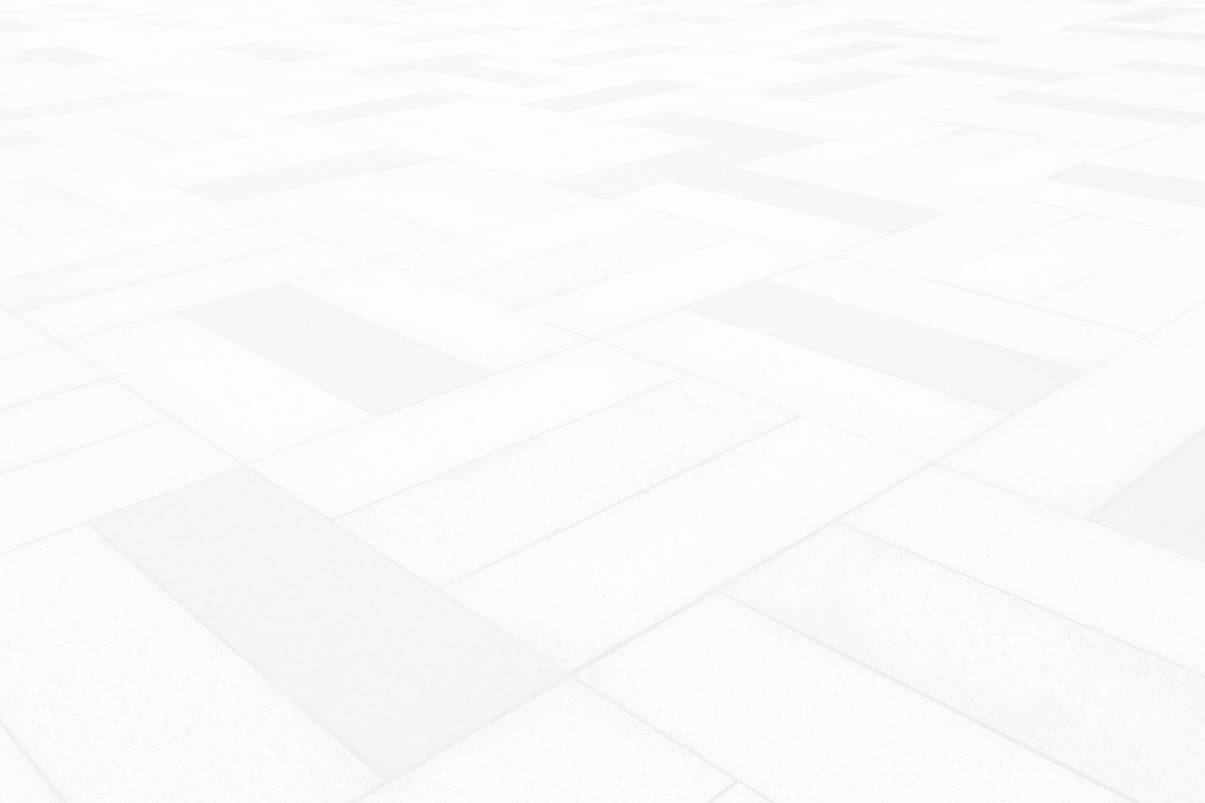 The image shows a white, seamless, geometric pattern floor with a perspective diminishing towards a vanishing point, creating an abstract minimalist design.