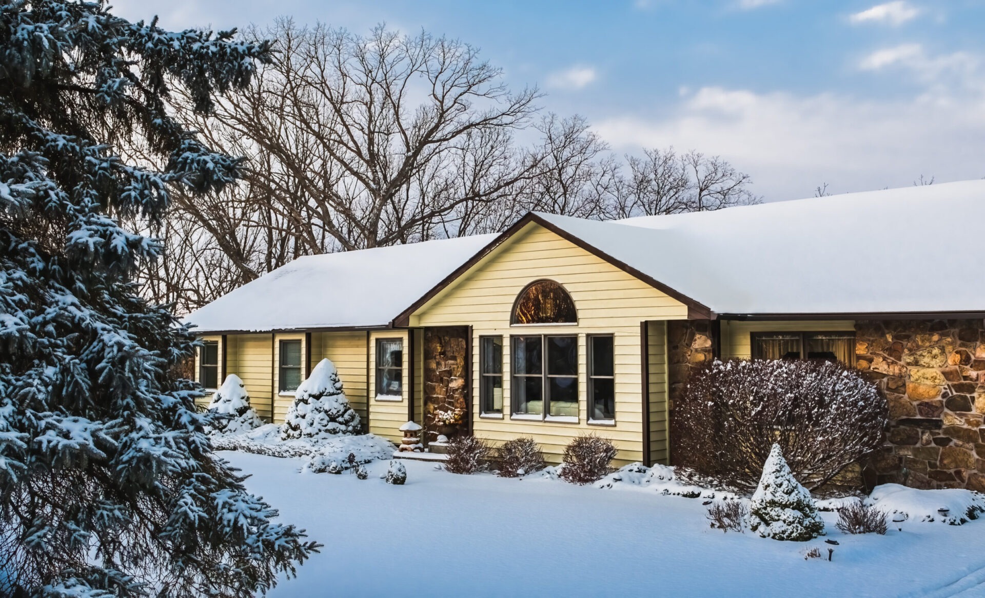 A home exterior front yard in winter blanketed in snow with bare shrubs and evergreen trees.
